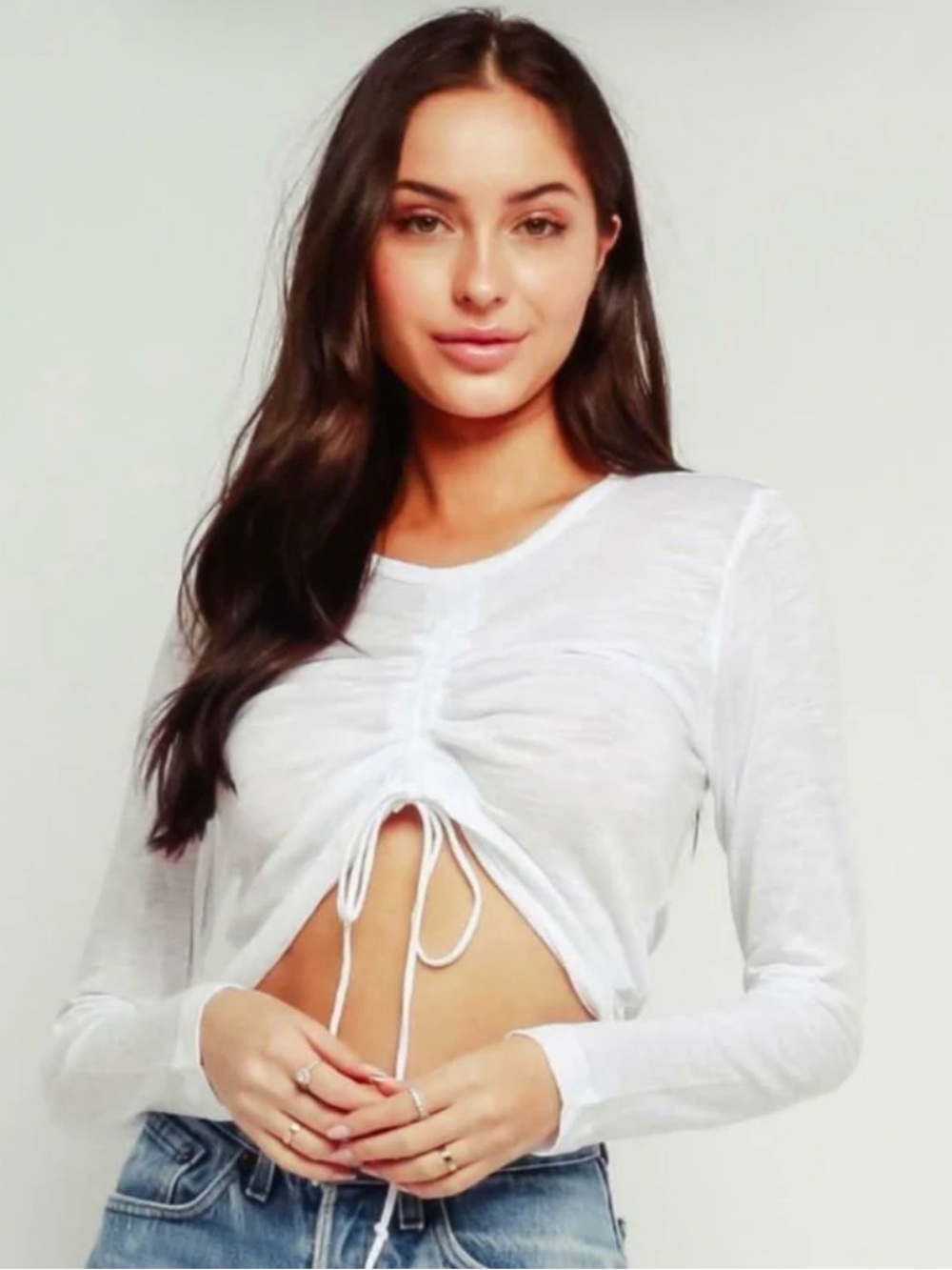 Pretty garbage size large 
White Ruched Long-Sleeve 
Mock Neck 
Crop Top